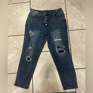 women's high waist stretch denim Patch Details skinny Ankle Blue jeans Sze 13
